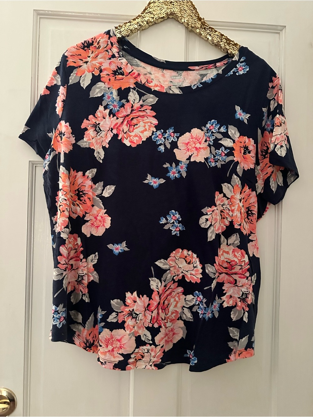 Old Navy Floral Crewneck Top - Navy with Coral Flowers XXL